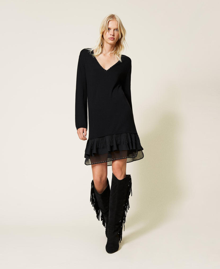 Платье из смесовой шерсти с заклепками и бахромой Черный женщина 212TP3191-01