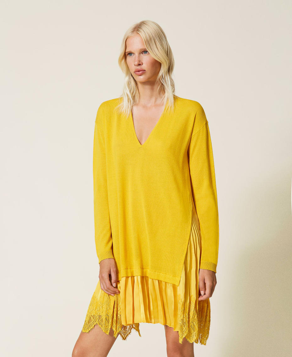 Vestido de mezcla de lana y raso plisado Amarillo Azafrán Mujer 212TP3281-01