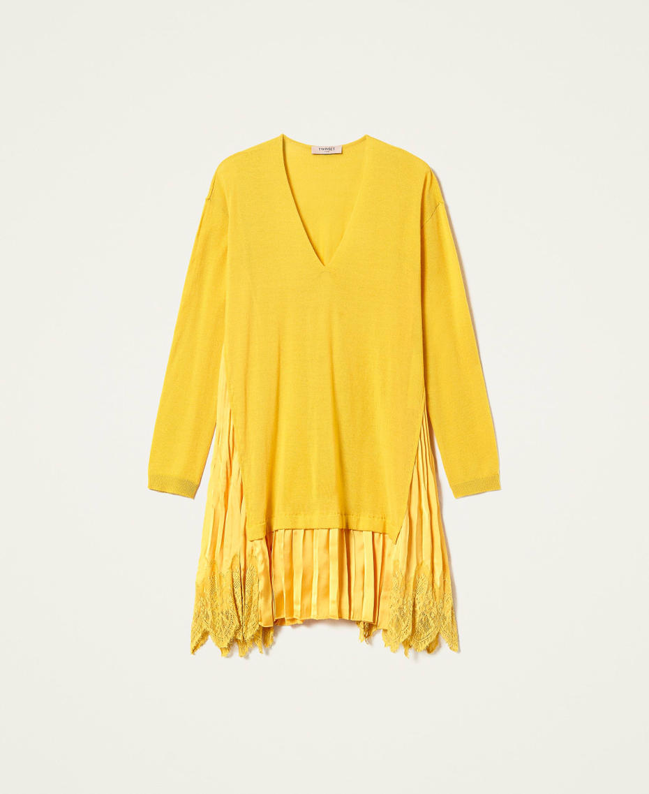 Vestido de mezcla de lana y raso plisado Amarillo Azafrán Mujer 212TP3281-0S