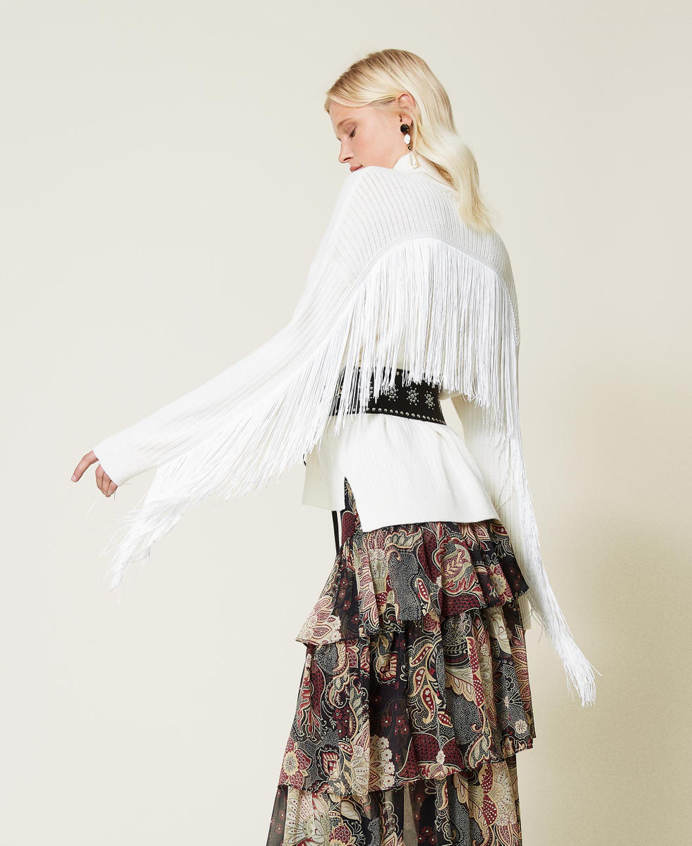 Rollkragenpullover aus Wollmischung mit Fransen Wei&szlig; Schnee Frau 212TP3290-01