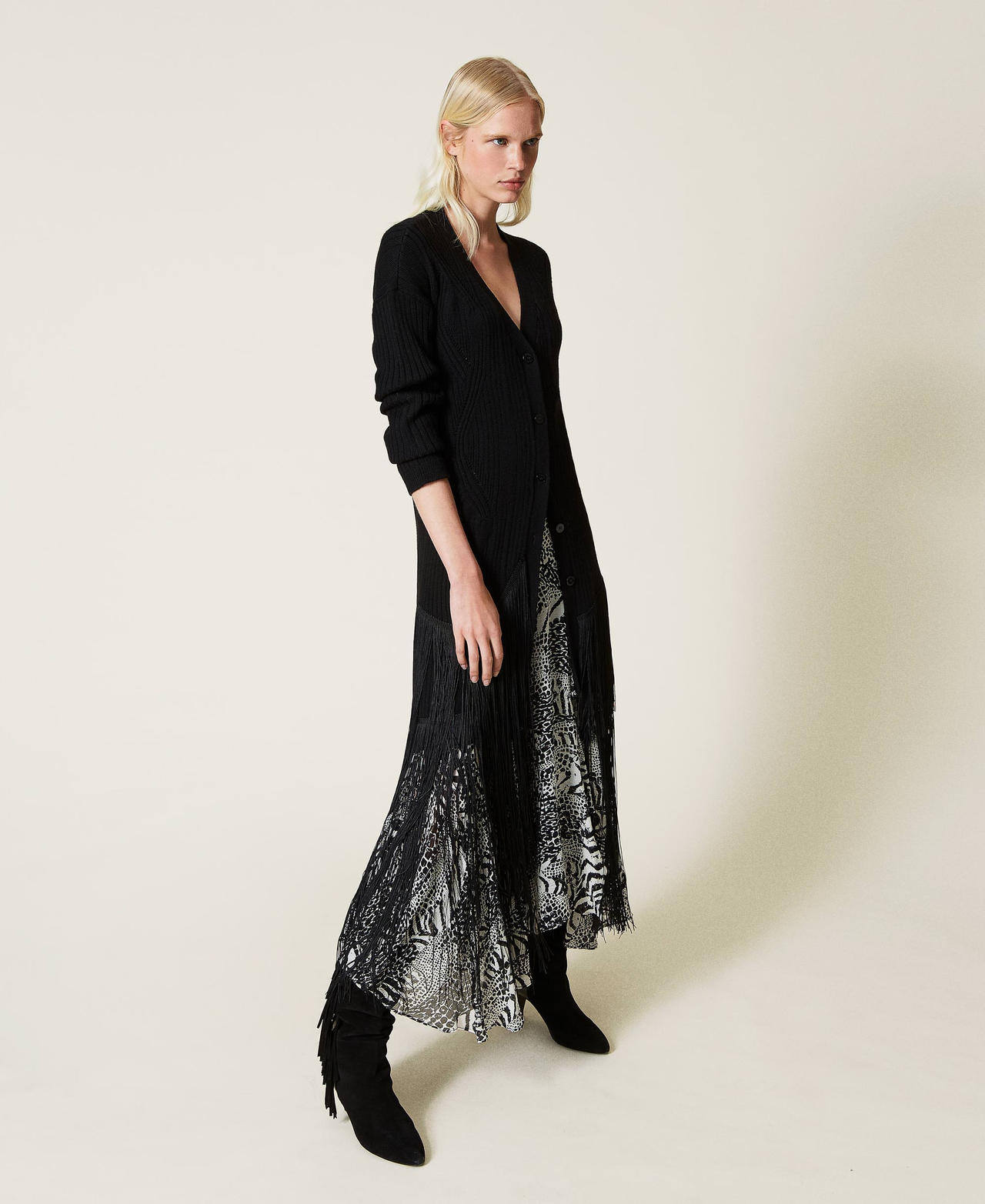 Wool blend maxi cardigan with fringes Black Woman 212TP3292-02