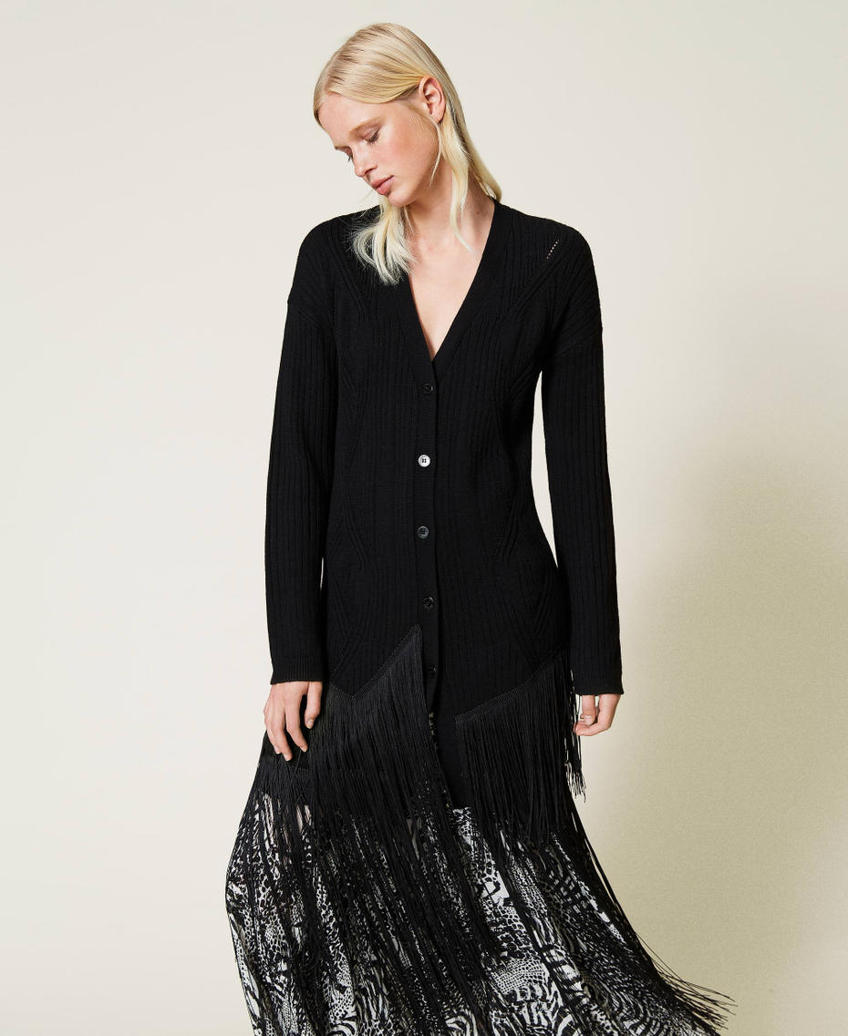 Wool blend maxi cardigan with fringes Black Woman 212TP3292-04