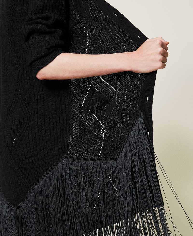 Maxi cardigan en laine mélangée avec franges Noir Femme 212TP3292-05