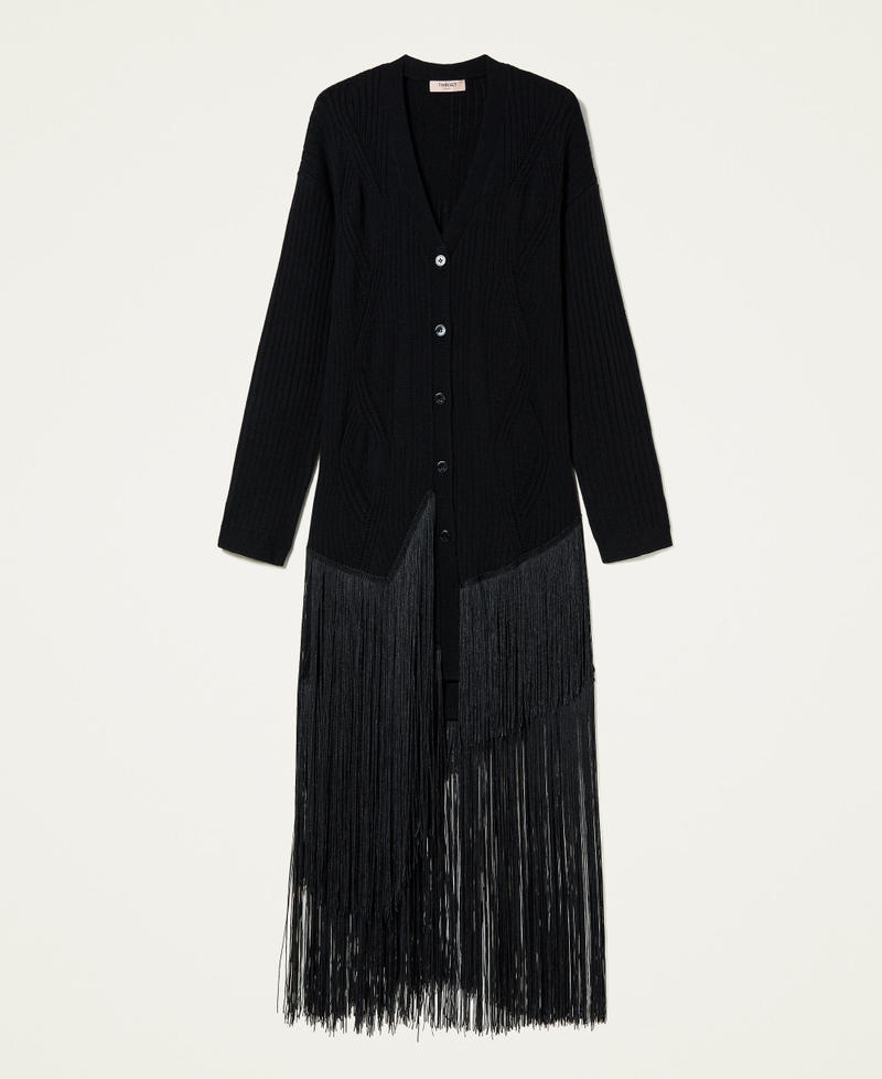 Wool blend maxi cardigan with fringes Black Woman 212TP3292-0S