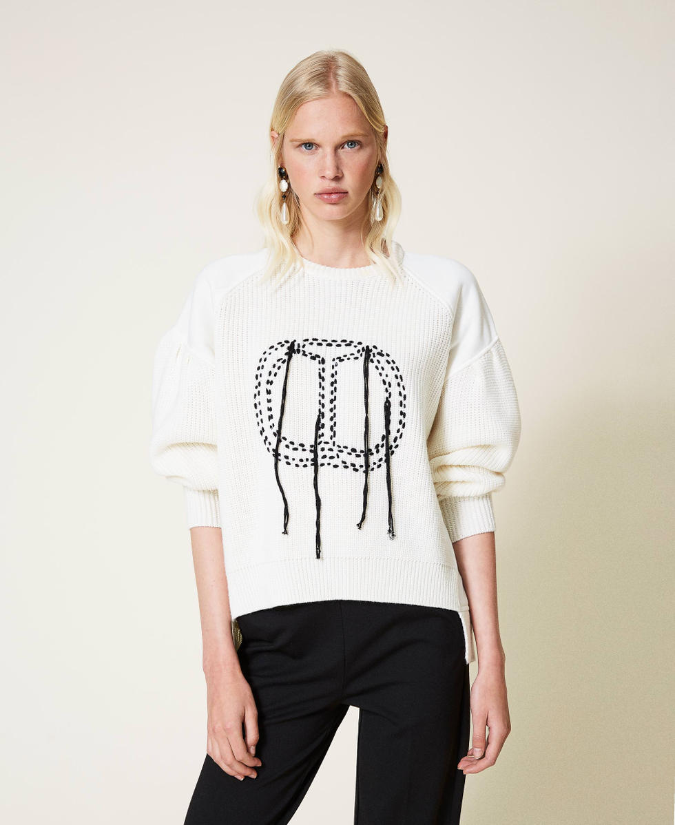 Maglia con maniche in felpa e logo Bicolor Bianco "Neve" / Nero Donna 212TP3391-05