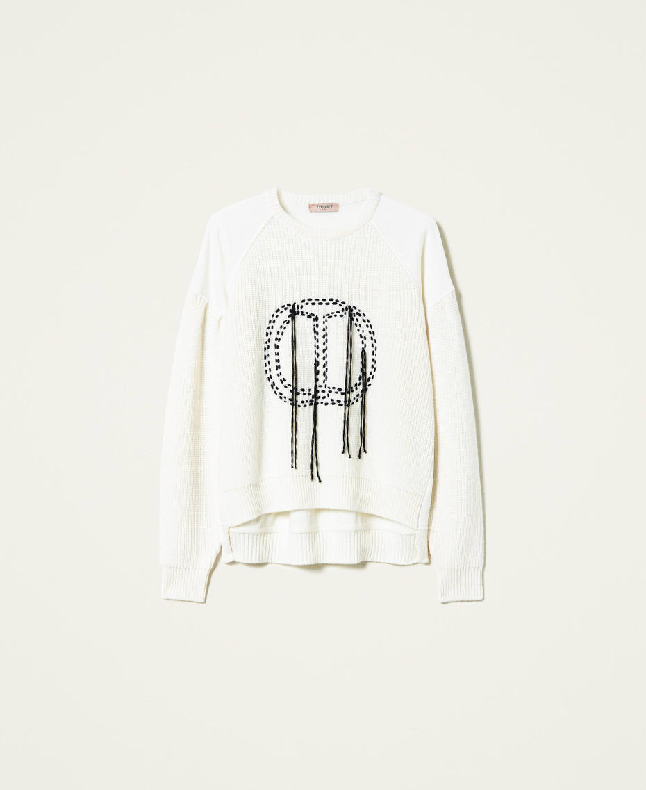 Pullover mit &Auml;rmeln aus Sweatstoff und Logo Zweifarbig Schneewei&szlig; / Schwarz Frau 212TP3391-0S