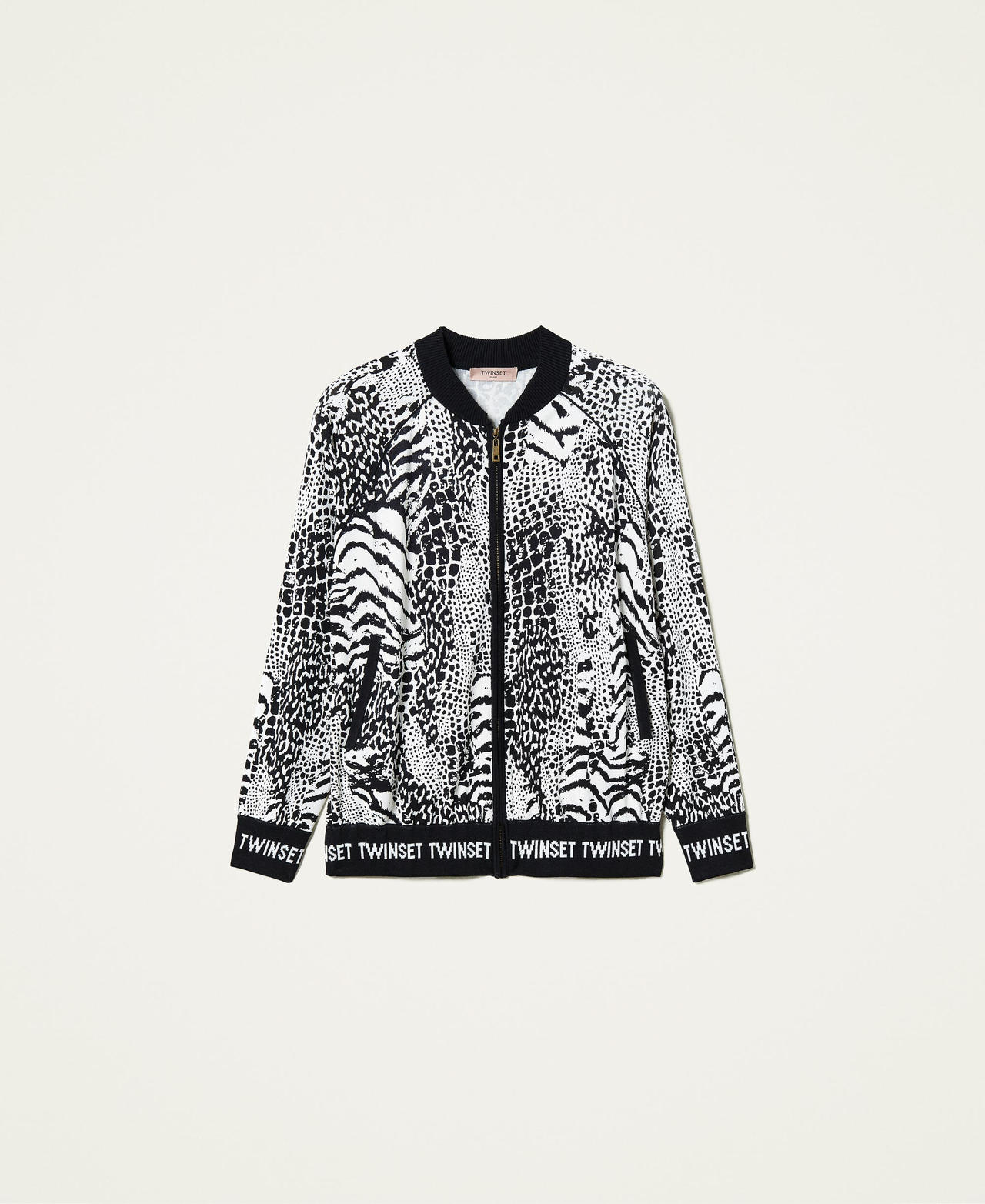 Animal print knit bomber jacket with logo Snow / Black Animal Print Patch Woman 212TP3400-0S