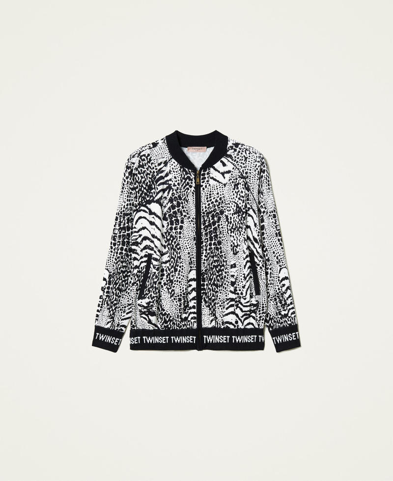 Animal print knit bomber jacket with logo Snow / Black Animal Print Patch Woman 212TP3400-0S