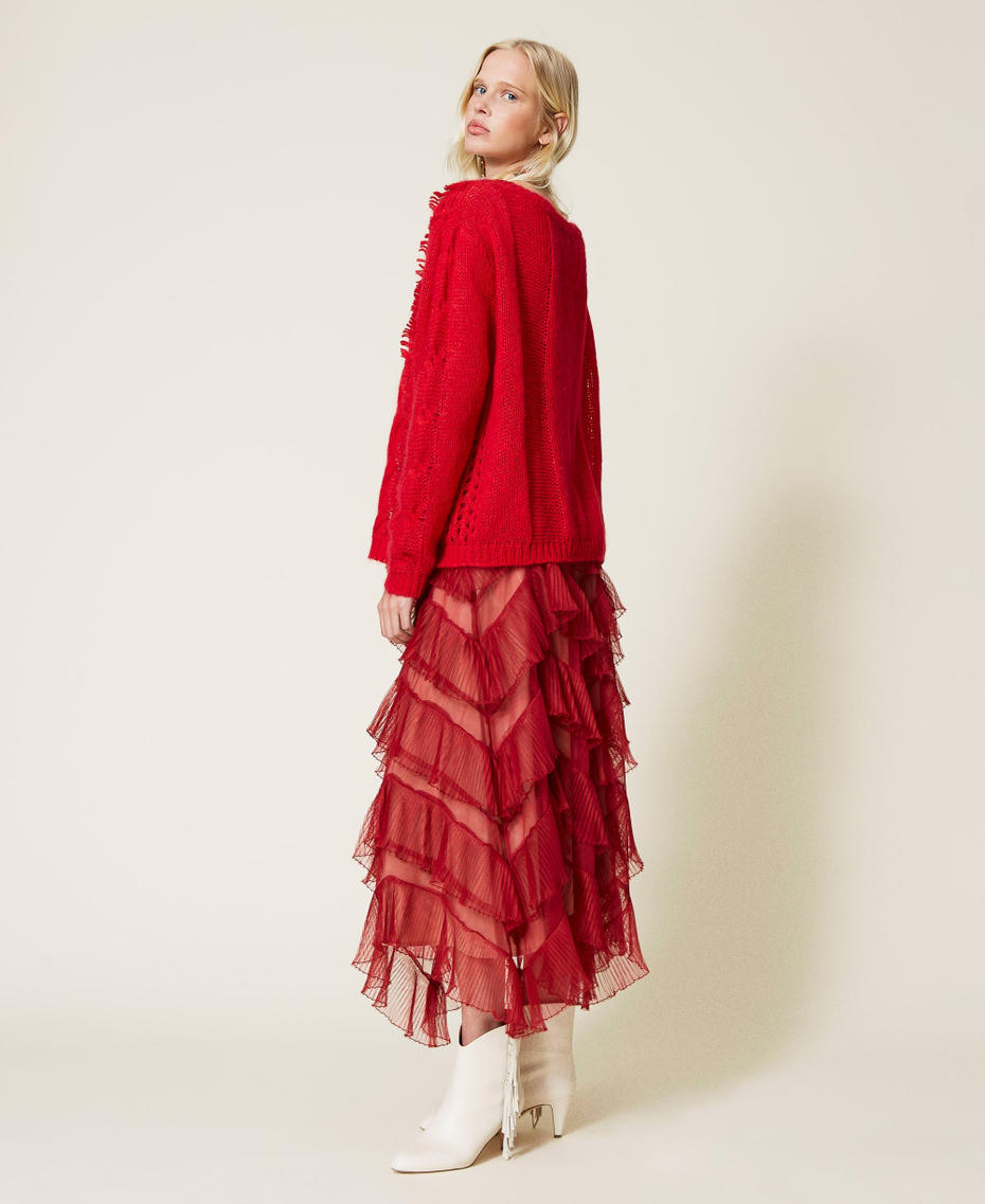 Mohair blend maxi jumper with fringes "Geranium" Red Woman 212TP3410-04