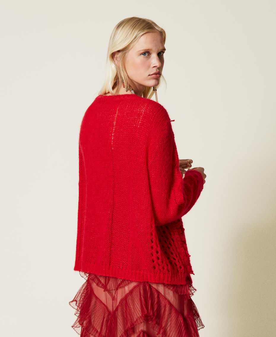 Mohair blend maxi jumper with fringes "Geranium" Red Woman 212TP3410-05