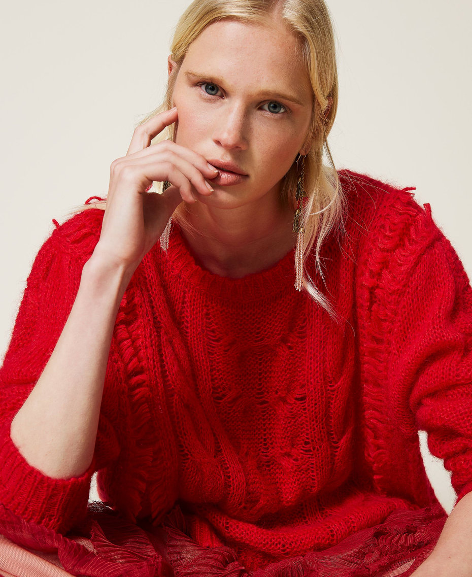 Mohair blend maxi jumper with fringes "Geranium" Red Woman 212TP3410-06