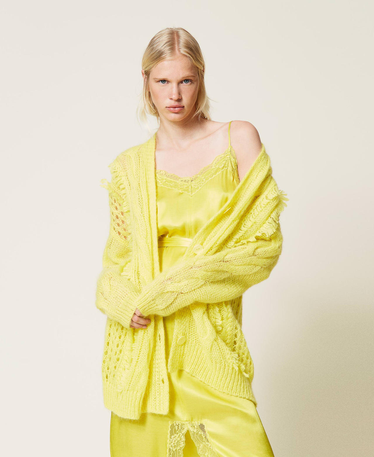 Mohair blend cardigan with fringes "Lemon" Yellow Woman 212TP3411-02