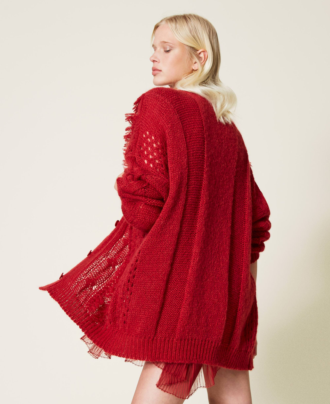 Mohair blend cardigan with fringes Woman, Red | TWINSET Milano