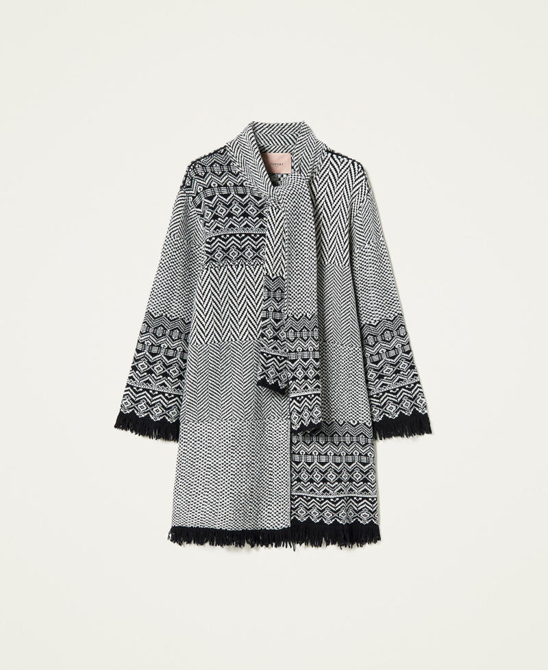 Jacquard coat with fringes Two-tone Black / “Snow”White Jacquard Patch Woman 212TP3430-0S