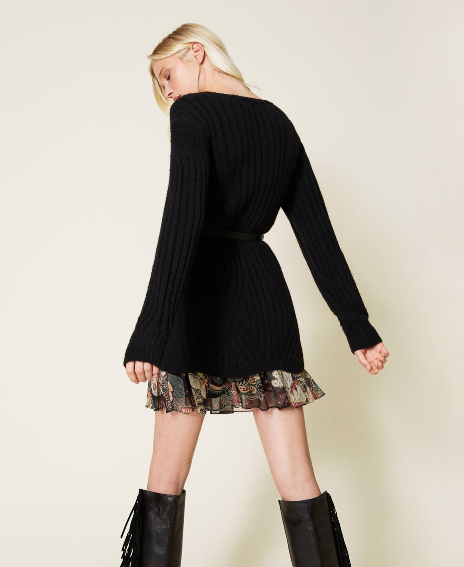 Abito in misto lana e sottoveste a fiori Bicolor Nero / Stampa Indian Flower Nero Donna 212TP3510-03