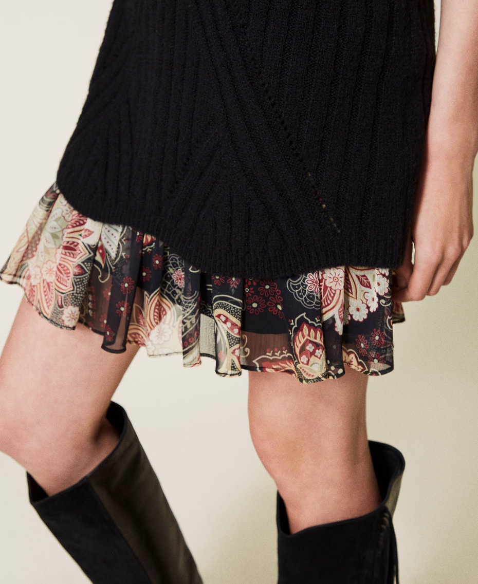 Abito in misto lana e sottoveste a fiori Bicolor Nero / Stampa Indian Flower Nero Donna 212TP3510-06