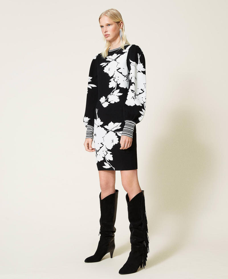 Jacquardkleid mit Blumendessin Blumen-Jacquard Schneewei&szlig; / Schwarz Frau 212TP3540-06