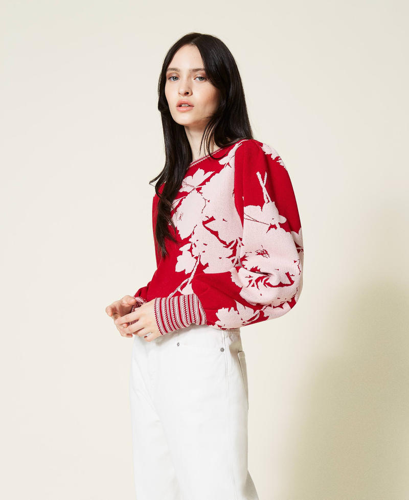 Pull jacquard floral Jacquard Fleurs Rouge &laquo;&nbsp;G&eacute;ranium&nbsp;&raquo; / Light Canyon Femme 212TP3541-02