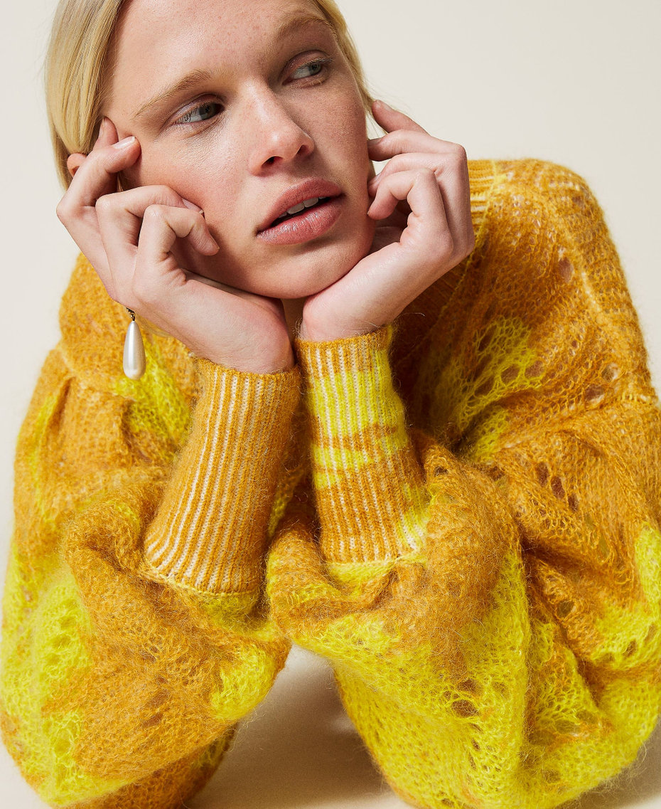 Mohair openwork jumper with floral print &ldquo;Saffron&rdquo; Yellow Floral Print Woman 212TP3550-01