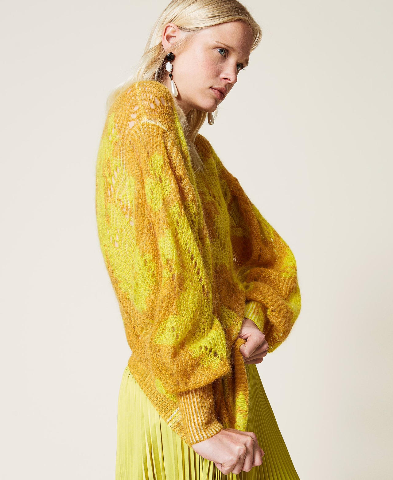 Mohair openwork jumper with floral print “Saffron” Yellow Floral Print Woman 212TP3550-02