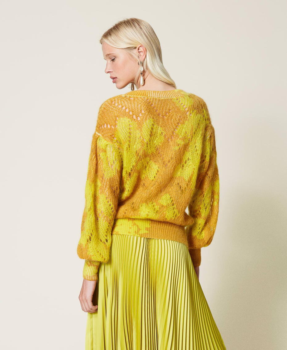Mohair openwork jumper with floral print “Saffron” Yellow Floral Print Woman 212TP3550-03