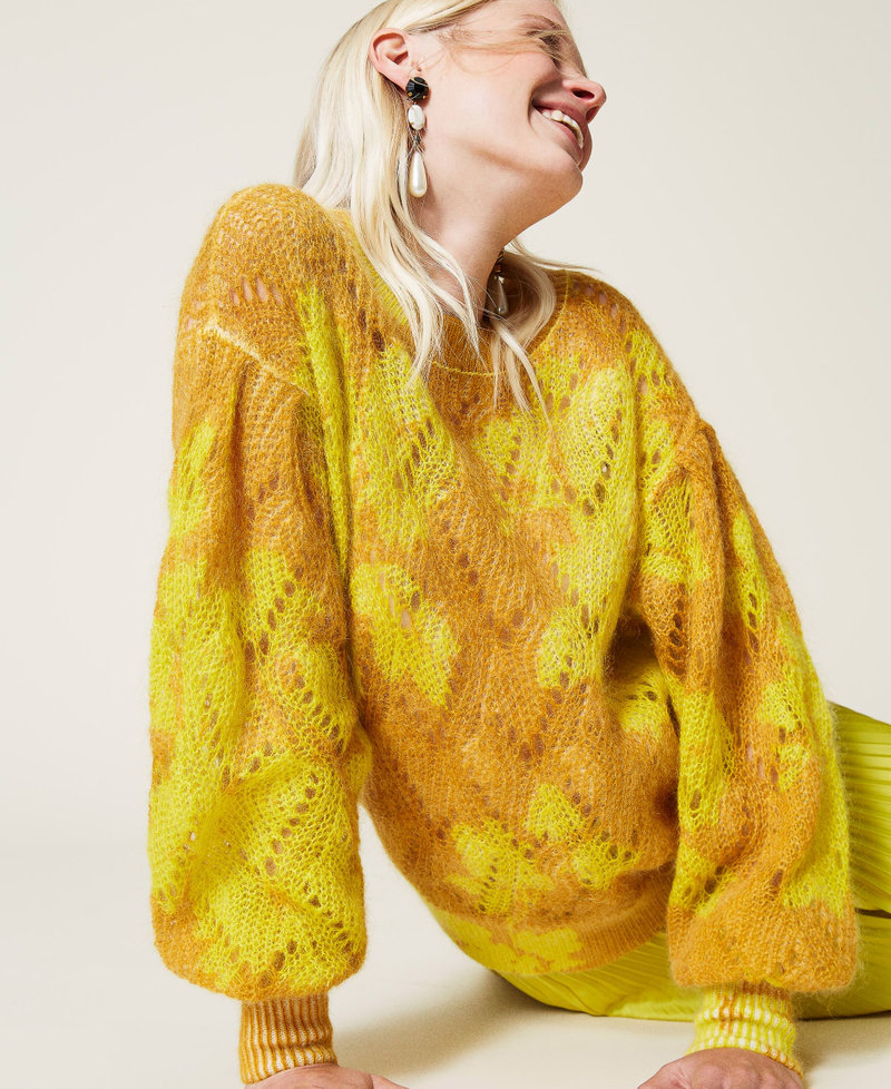 Mohair openwork jumper with floral print “Saffron” Yellow Floral Print Woman 212TP3550-04