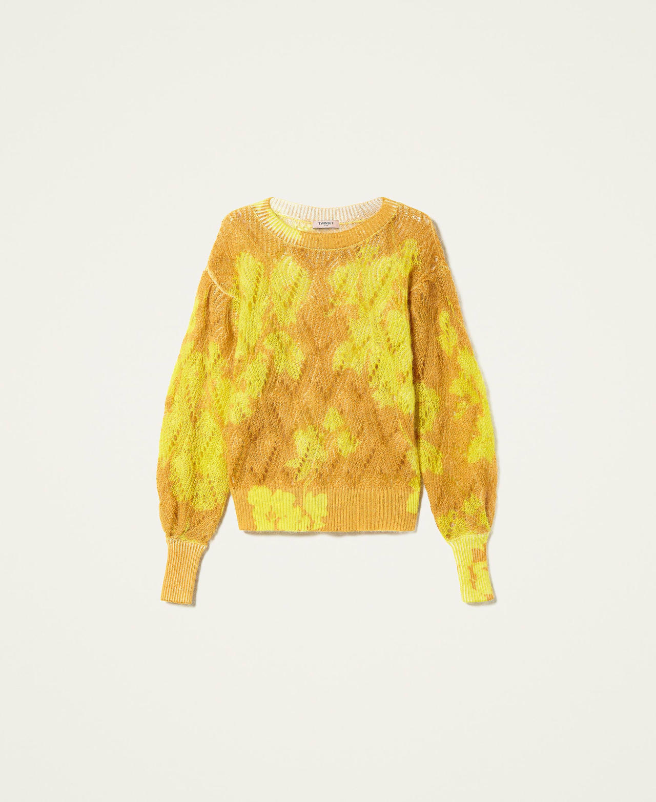 Mohair openwork jumper with floral print “Saffron” Yellow Floral Print Woman 212TP3550-0S