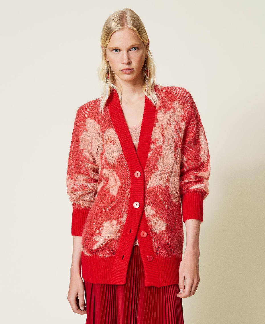 Mohair blend openwork cardigan with floral print Geranium Pink Floral Print Woman 212TP3551-03