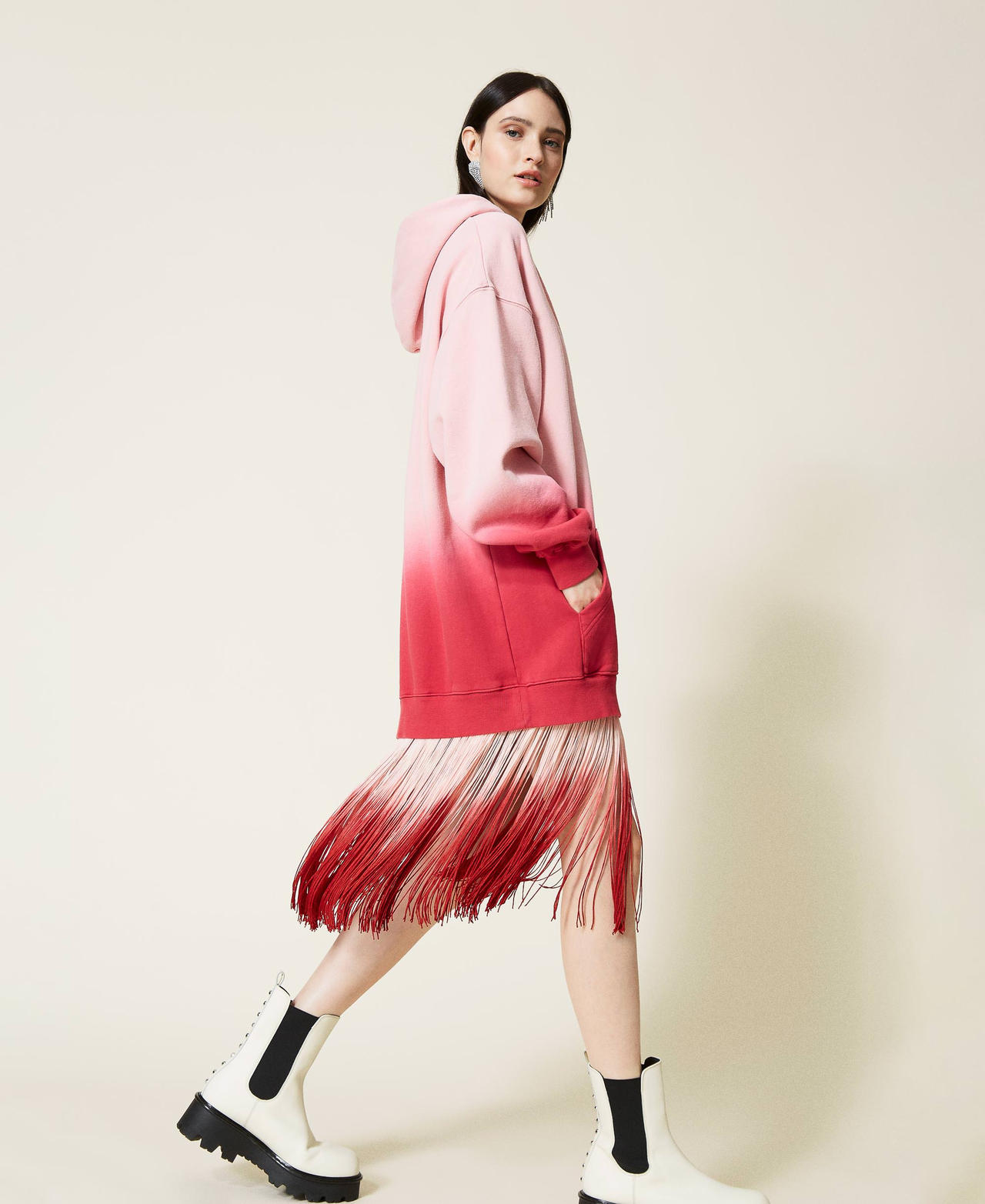 Abito in felpa tie‑dye con frange e logo Deep Dyed Lampone Scuro Donna 212TT2010-02