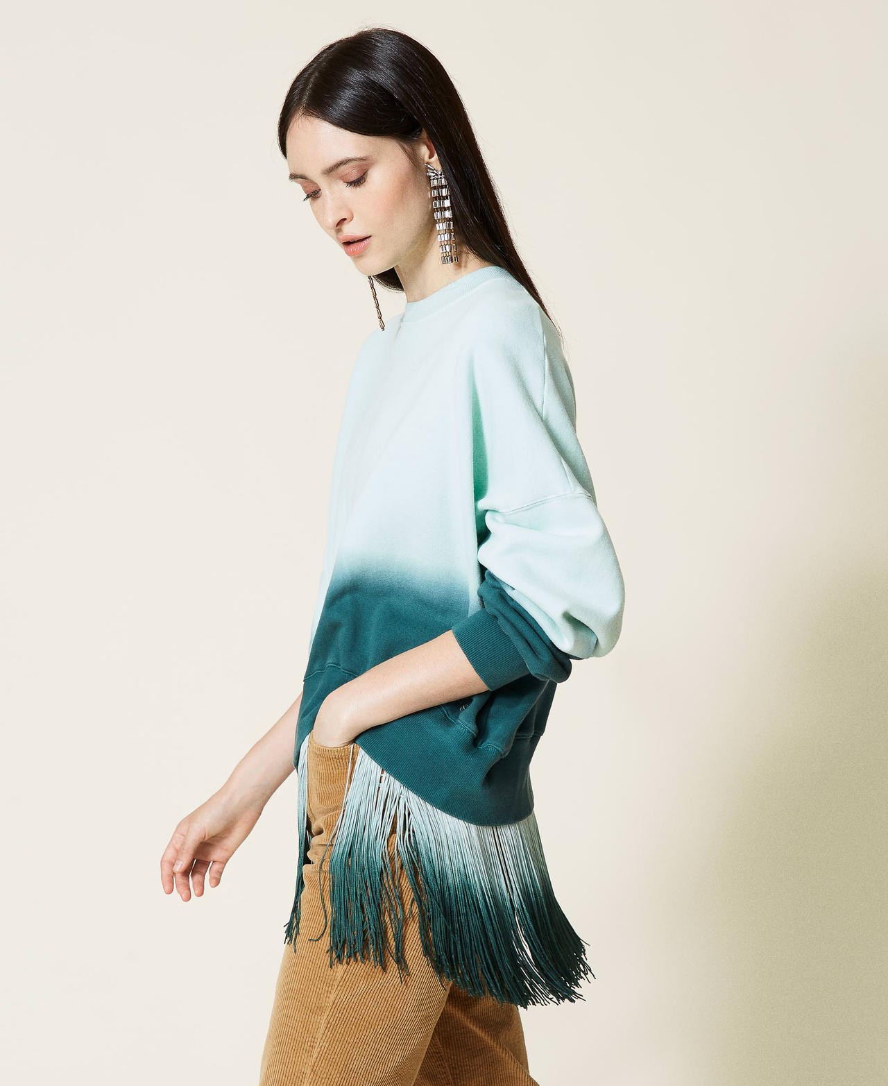 Tie-dye sweatshirt with fringes and logo Dark Green Deep Dyed Woman 212TT2011-02