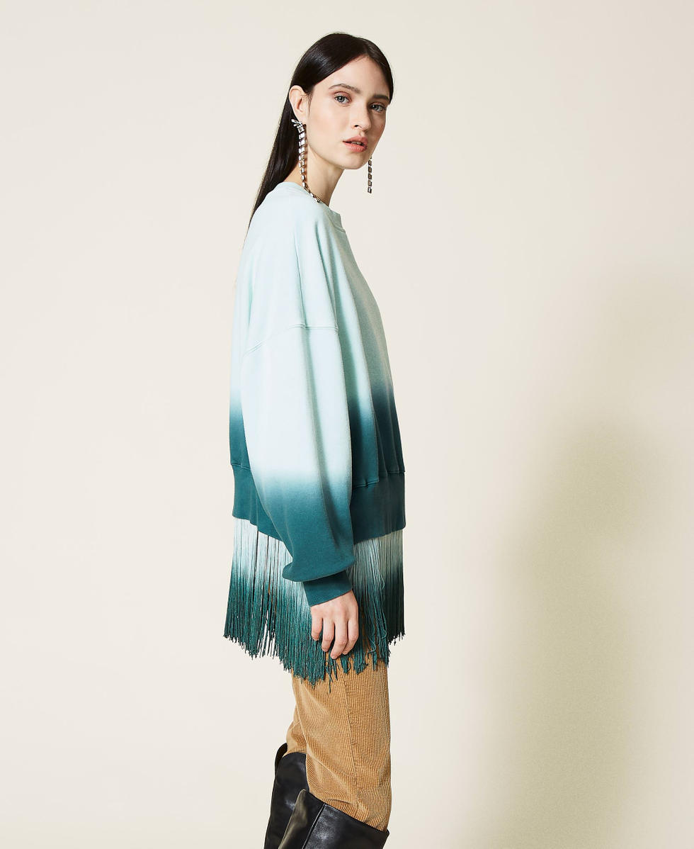 Tie dye sweatshirt with fringes and logo Woman Green TWINSET Milano