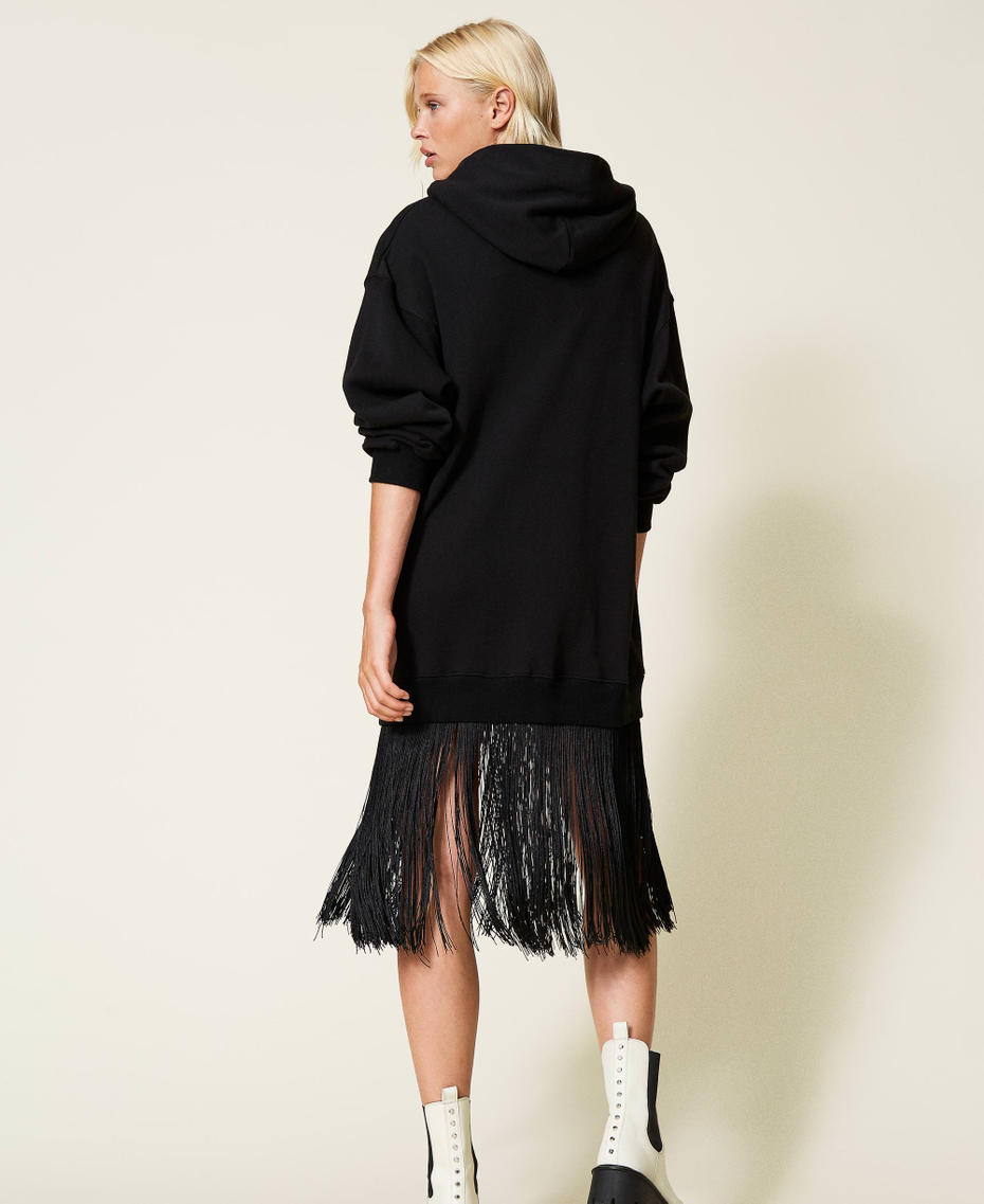Plush fabric dress with fringes Black Woman 212TT201A-04