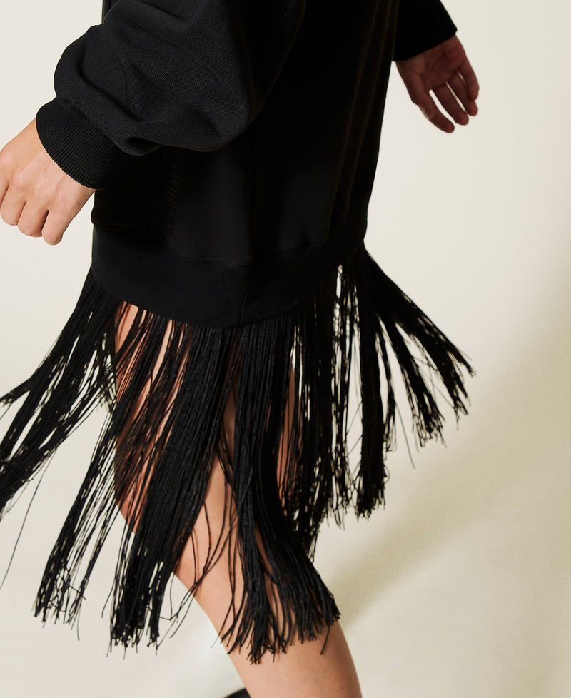 Plush fabric dress with fringes Black Woman 212TT201A-05