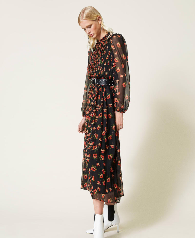 Long creponne dress with floral print Fadeout Black / “Coral Candy” Red Flowers Woman 212TT2020-01