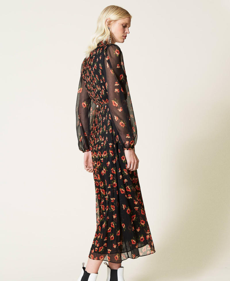 Long creponne dress with floral print Fadeout Black / “Coral Candy” Red Flowers Woman 212TT2020-03
