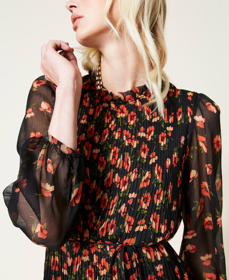 Long creponne dress with floral print Fadeout Black / “Coral Candy” Red Flowers Woman 212TT2020-05