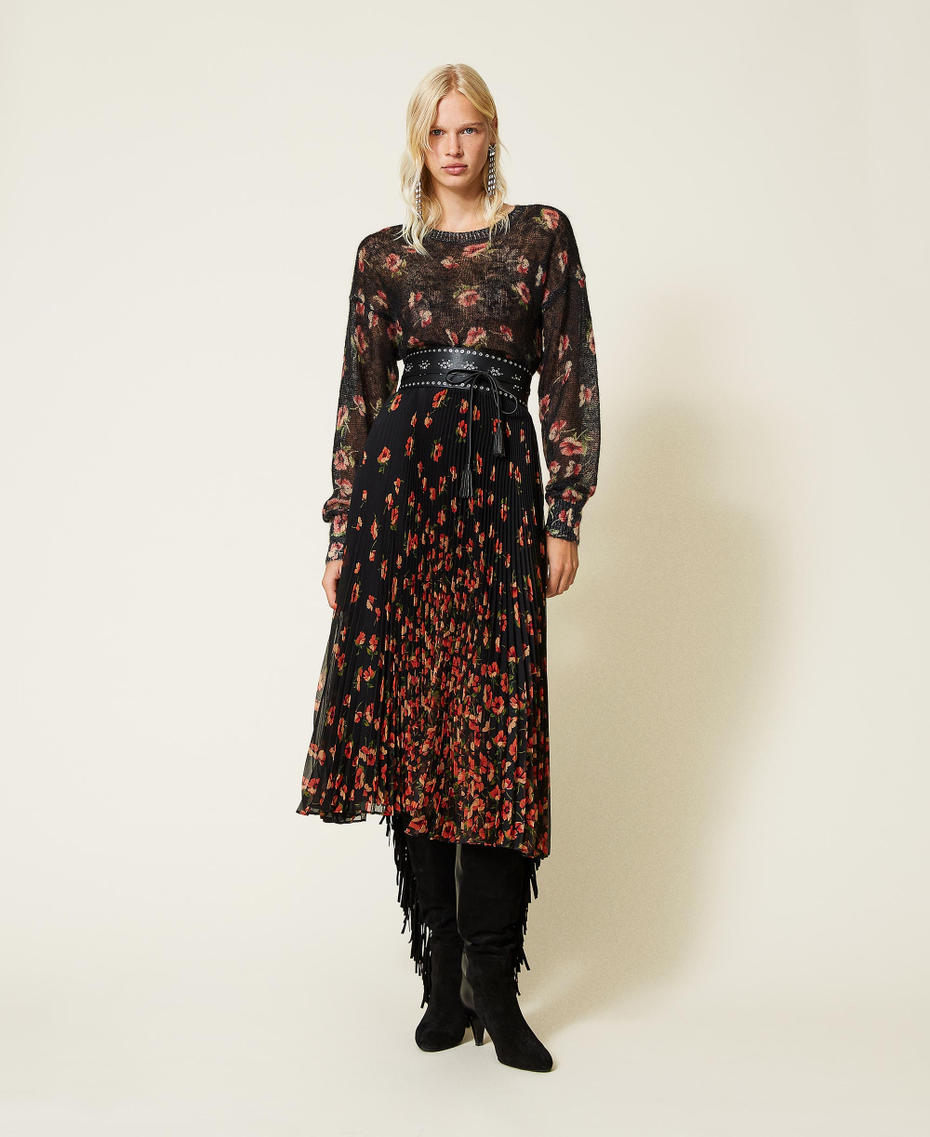 Creponne skirt with floral print Fadeout Black / “Coral Candy” Red Flowers Woman 212TT2024-01