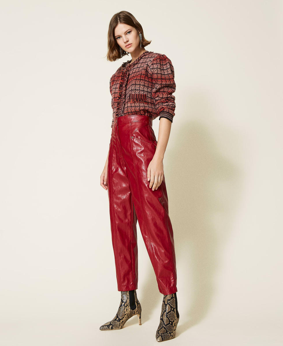 Pantalon cropped en tissu enduit Framboise Fonc&eacute; Femme 212TT2051-02