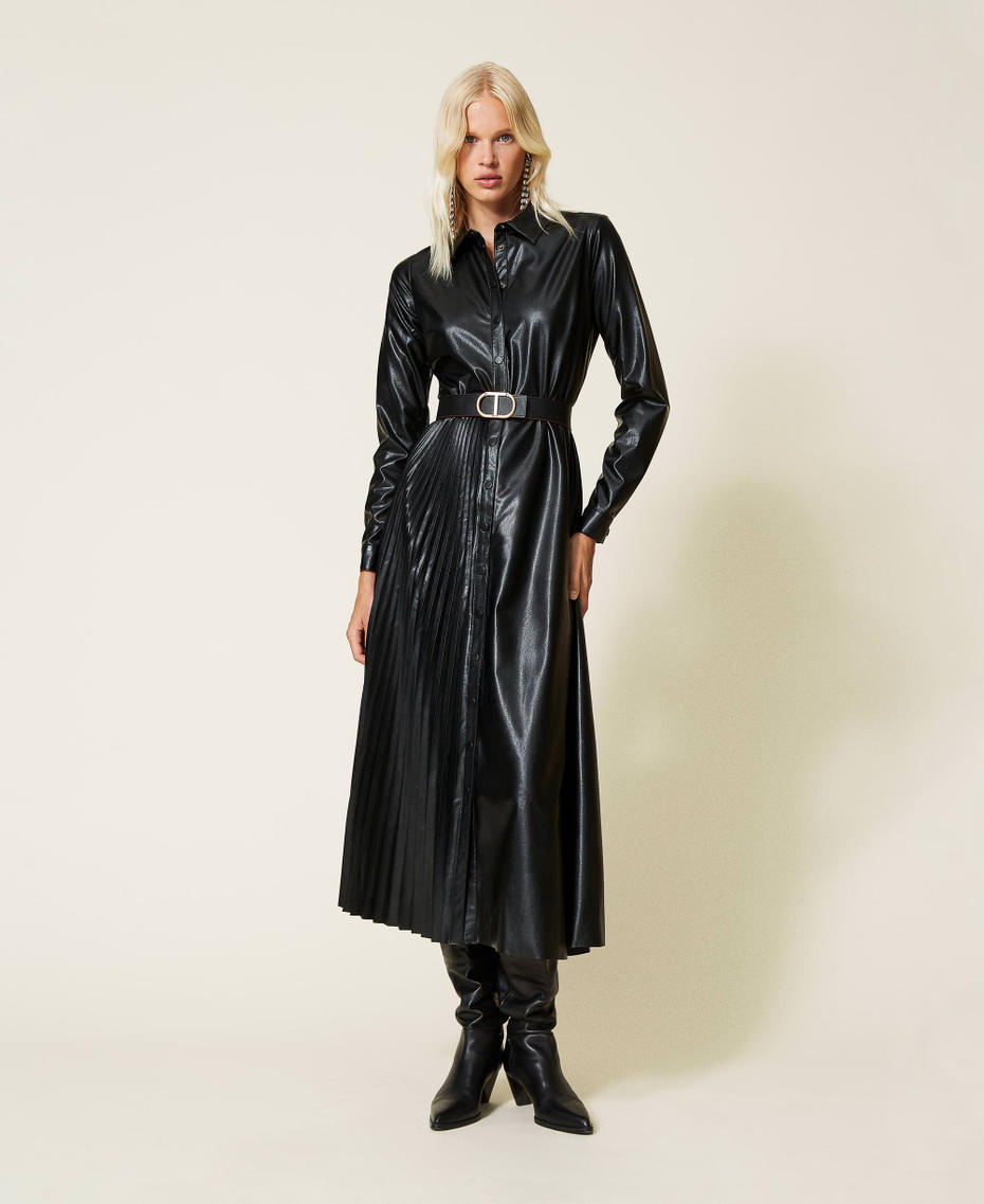 Robe longue chemisier en tissu enduit Noir Femme 212TT2054-01