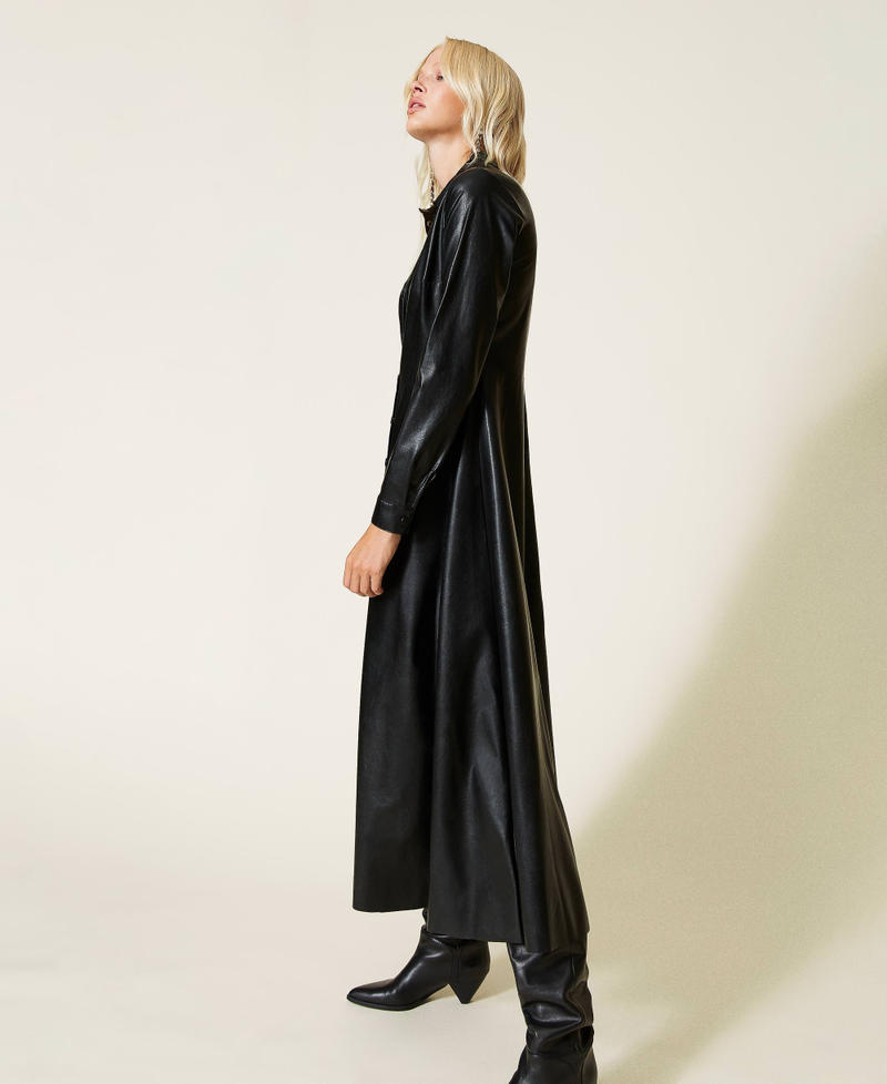 Robe longue chemisier en tissu enduit Noir Femme 212TT2054-02