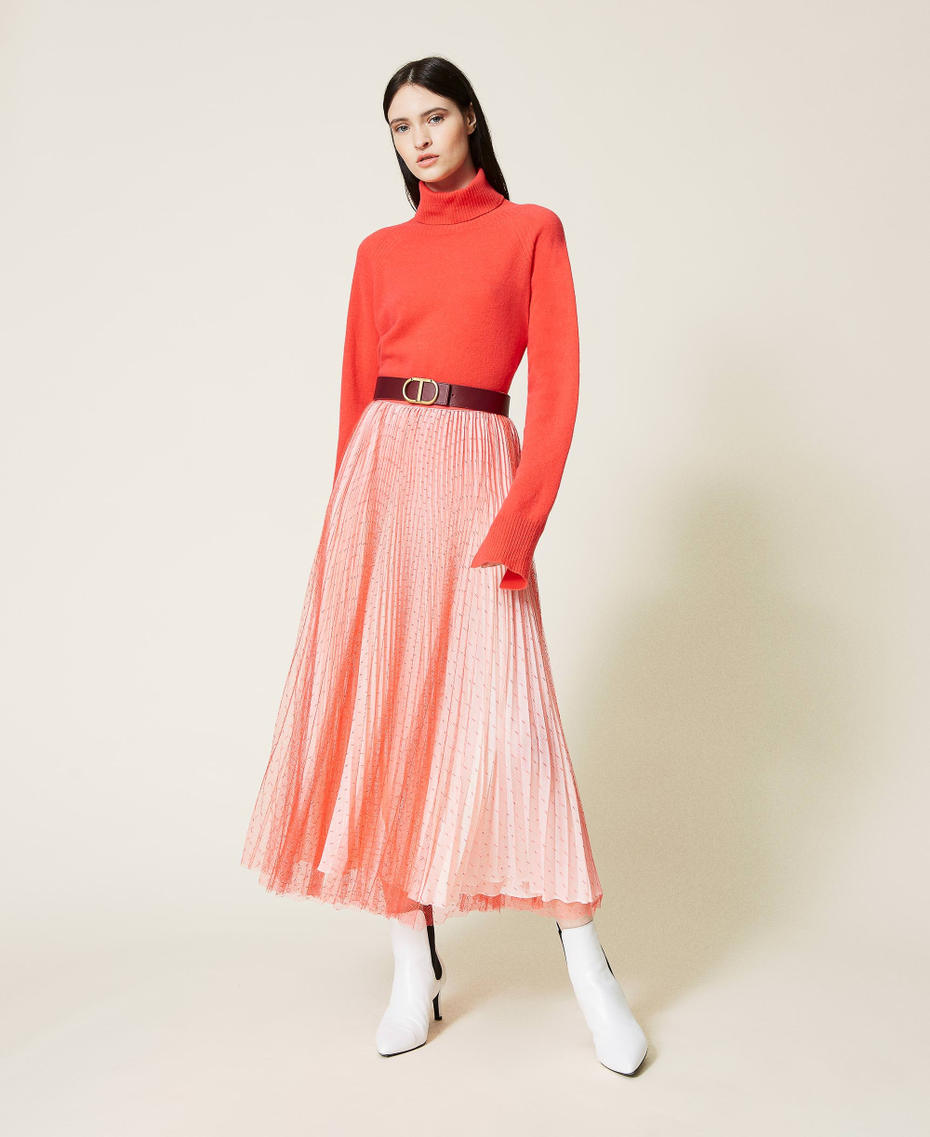 Plumetis tulle long skirt Two-tone “Coral Candy” Red / “Snow” White Woman 212TT2060-01