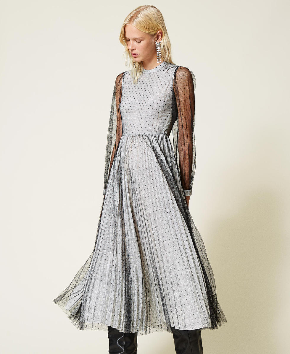 Full-length plumetis tulle dress Bicolour Black / "Snow" White Woman 212TT2061-02