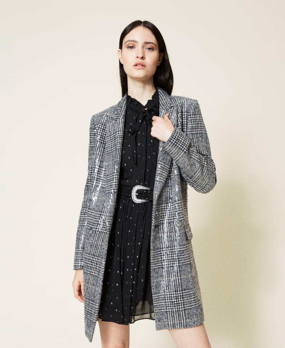 Full sequin Glen Plaid coat &ldquo;Snow&rdquo; White / Black Full Sequin Check Woman 212TT2130-01