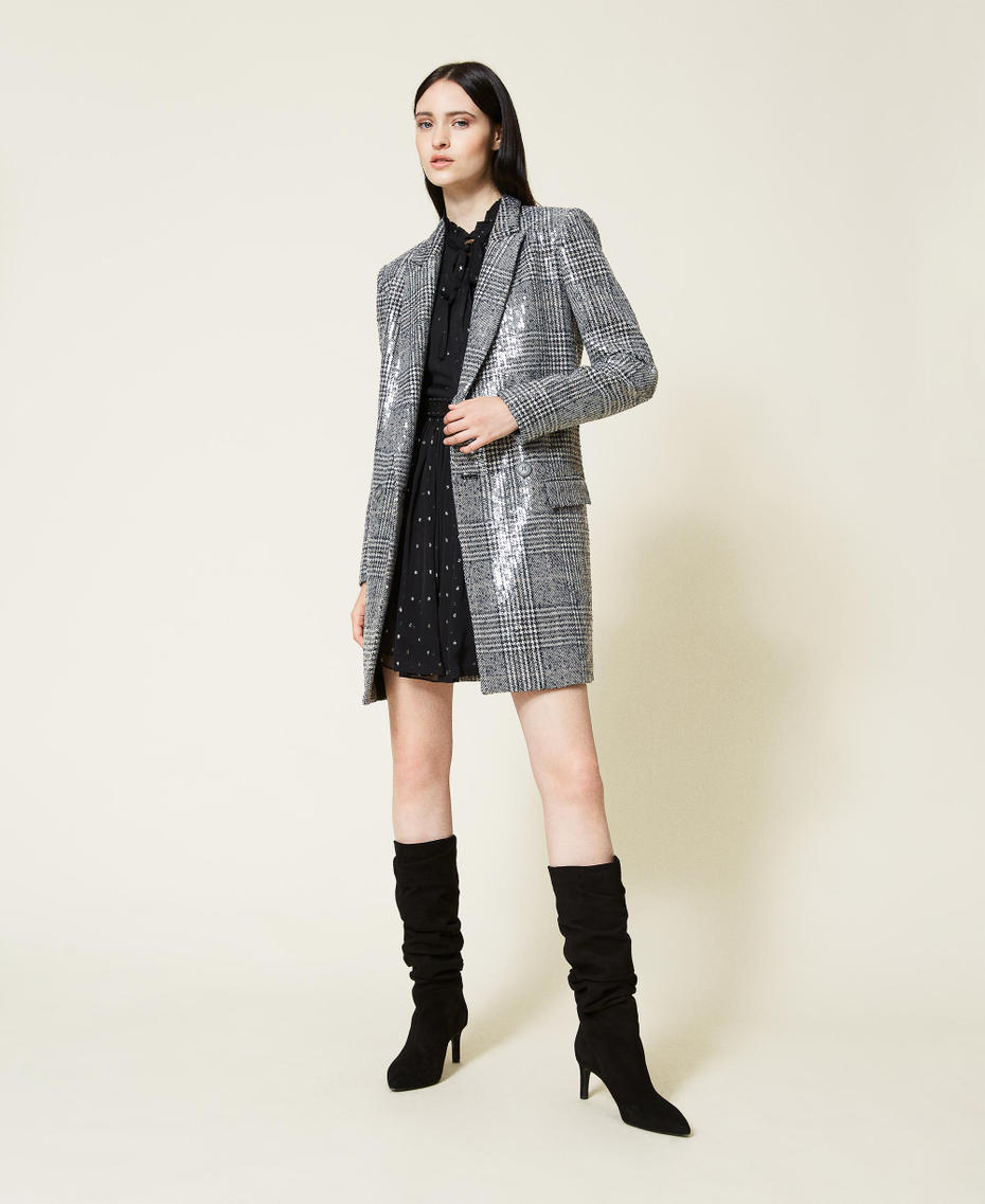 Full sequin Glen Plaid coat &ldquo;Snow&rdquo; White / Black Full Sequin Check Woman 212TT2130-0T