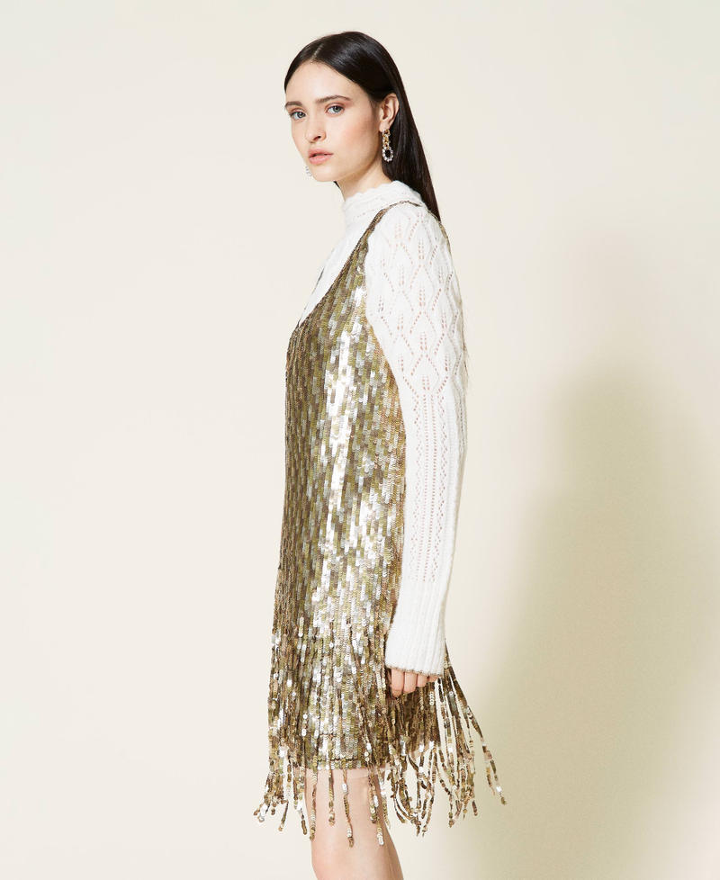 Paillettenkleid mit Fransen Paillettenstickerei Altgold Frau 212TT2141-03