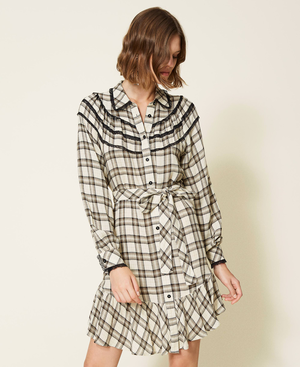 Kariertes Kleid mit Spitze Frau, Beige | TWINSET Milano