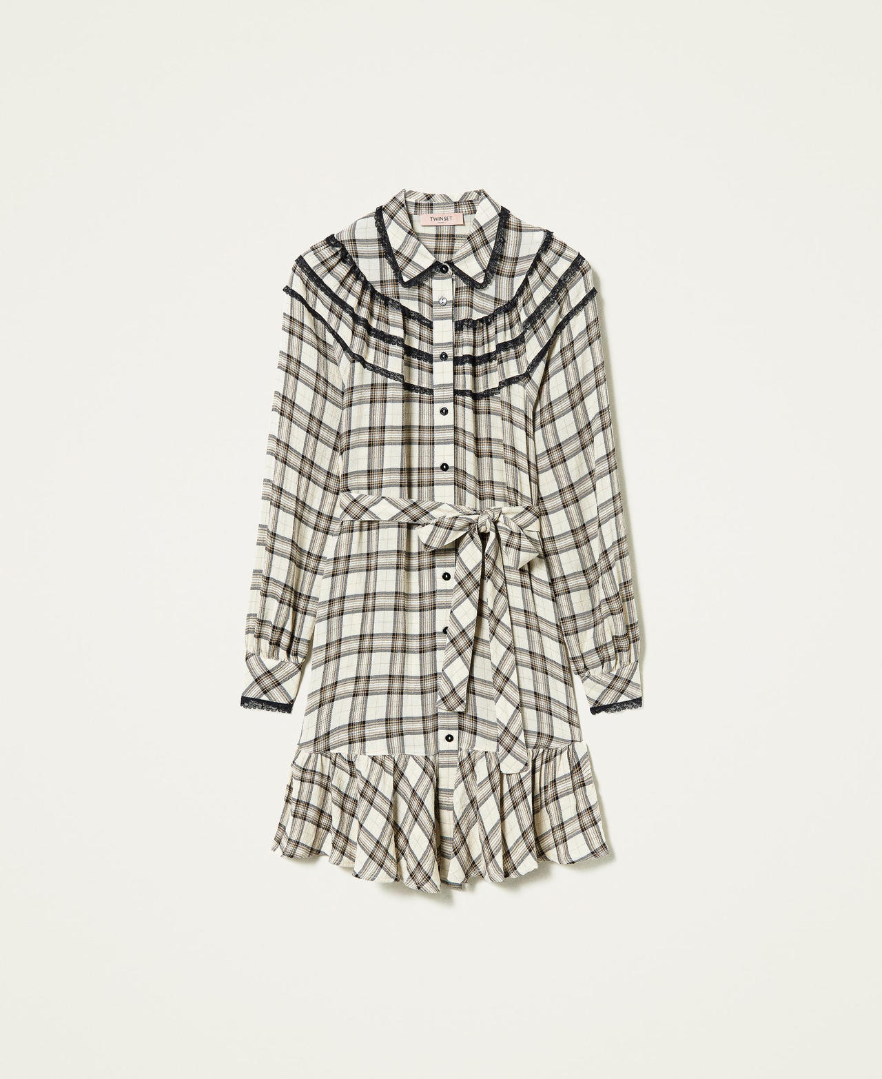 Kariertes Kleid mit Spitze Karos Elfenbein / &bdquo;Golden Rock&ldquo;-Beige Frau 212TT2160-0S