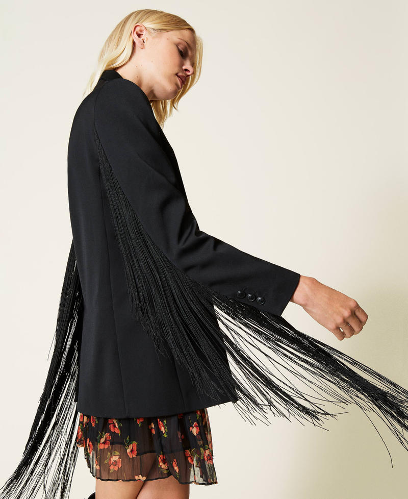 Wool blend satin jacket with fringes Black Woman 212TT2190-02