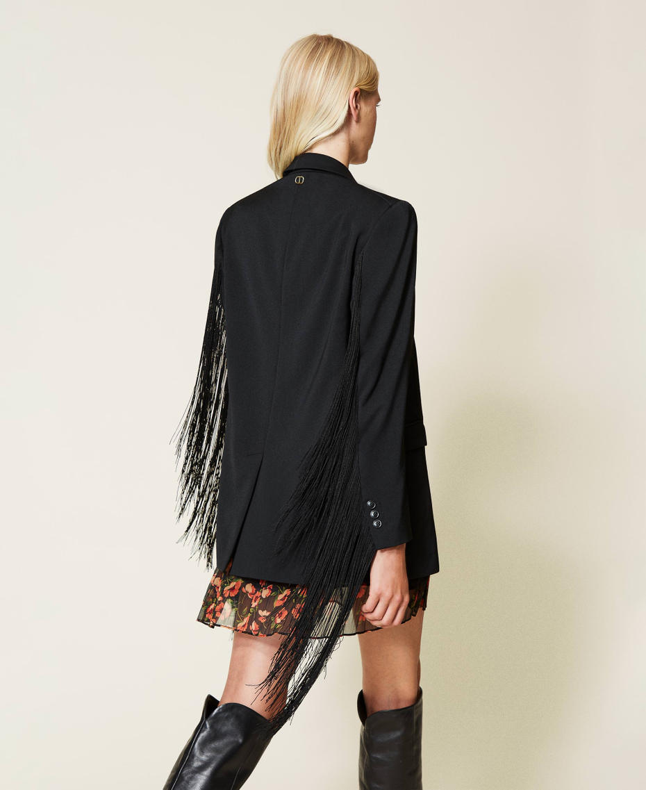 Wool blend satin jacket with fringes Black Woman 212TT2190-04