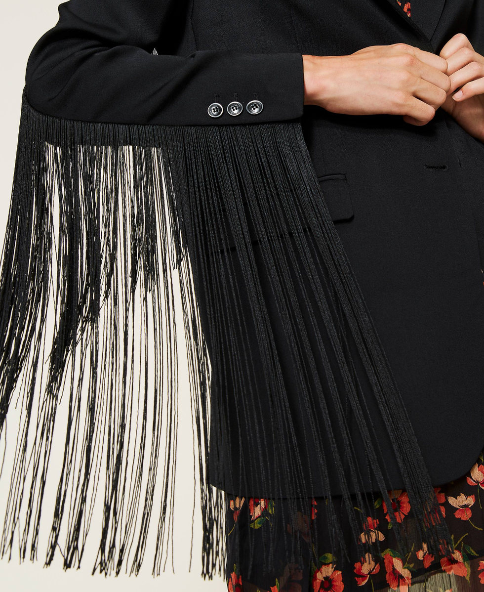 Wool blend satin jacket with fringes Black Woman 212TT2190-05